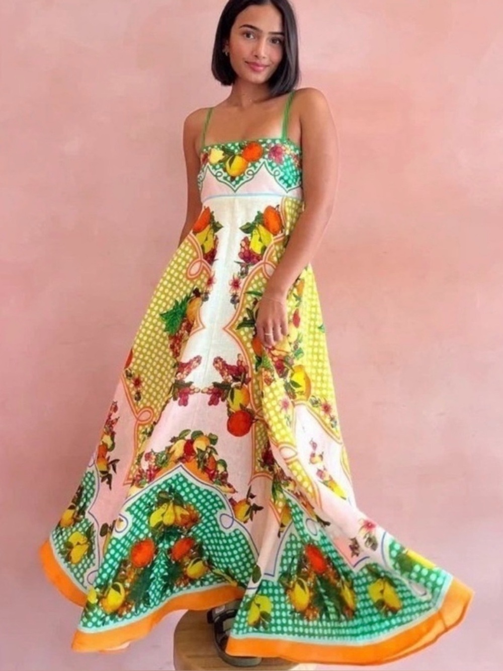 Alemais Lemonis Floral Fruit Print Spaghetti-Strap Maxi Dress US 4